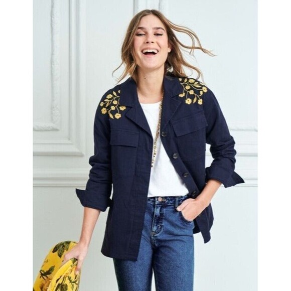 Boden Jackets & Blazers - NWT Boden Womens Ruby Embroidered Utility Jacket 14R Navy Blue Long Sleeve